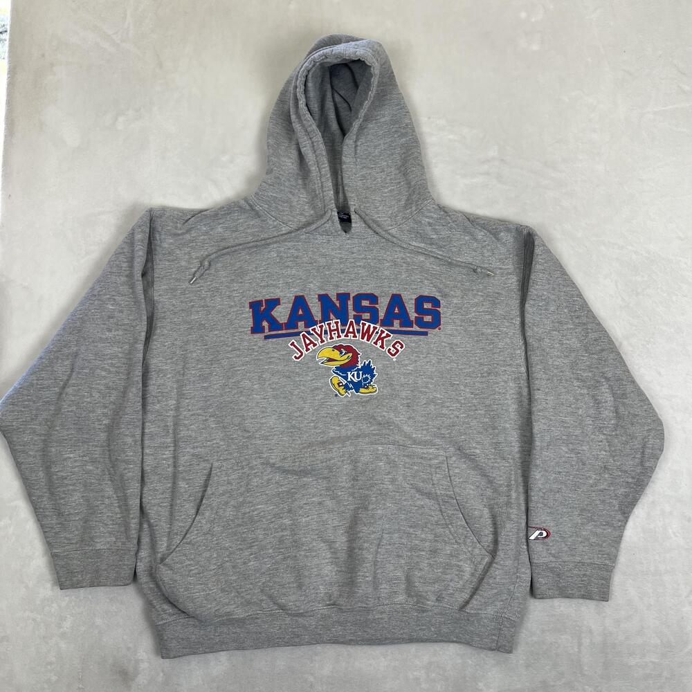 VTG Kansas Jayhawks Hoodie Sweatshirt Mens 2XL Gray NCAA Basketball Pro Player
